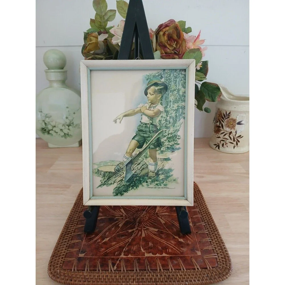 Vintage Art Print Forestry Work Young German Man with Axe In Traditional Dress - Picture 1 of 8